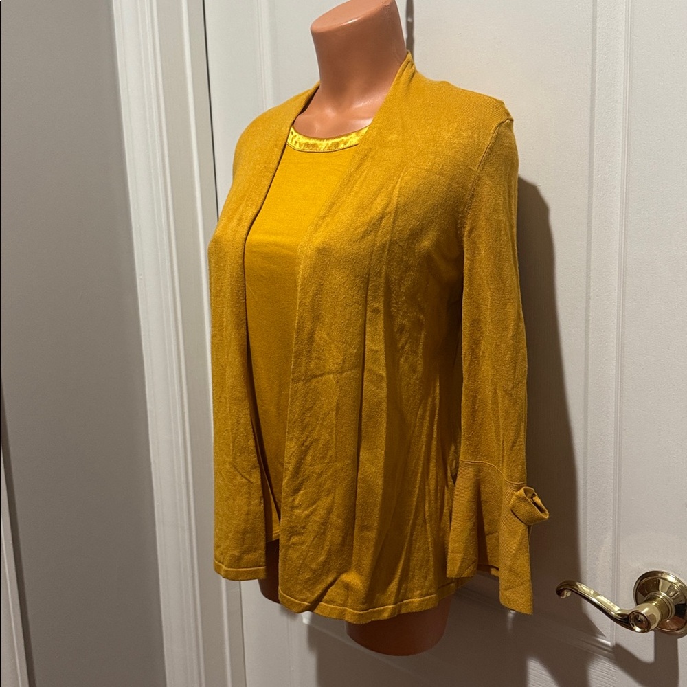 ALFANI 2p Tie Sleeve Cardigan Satin Trim T Shirt PS SP Marigold $120 EUC